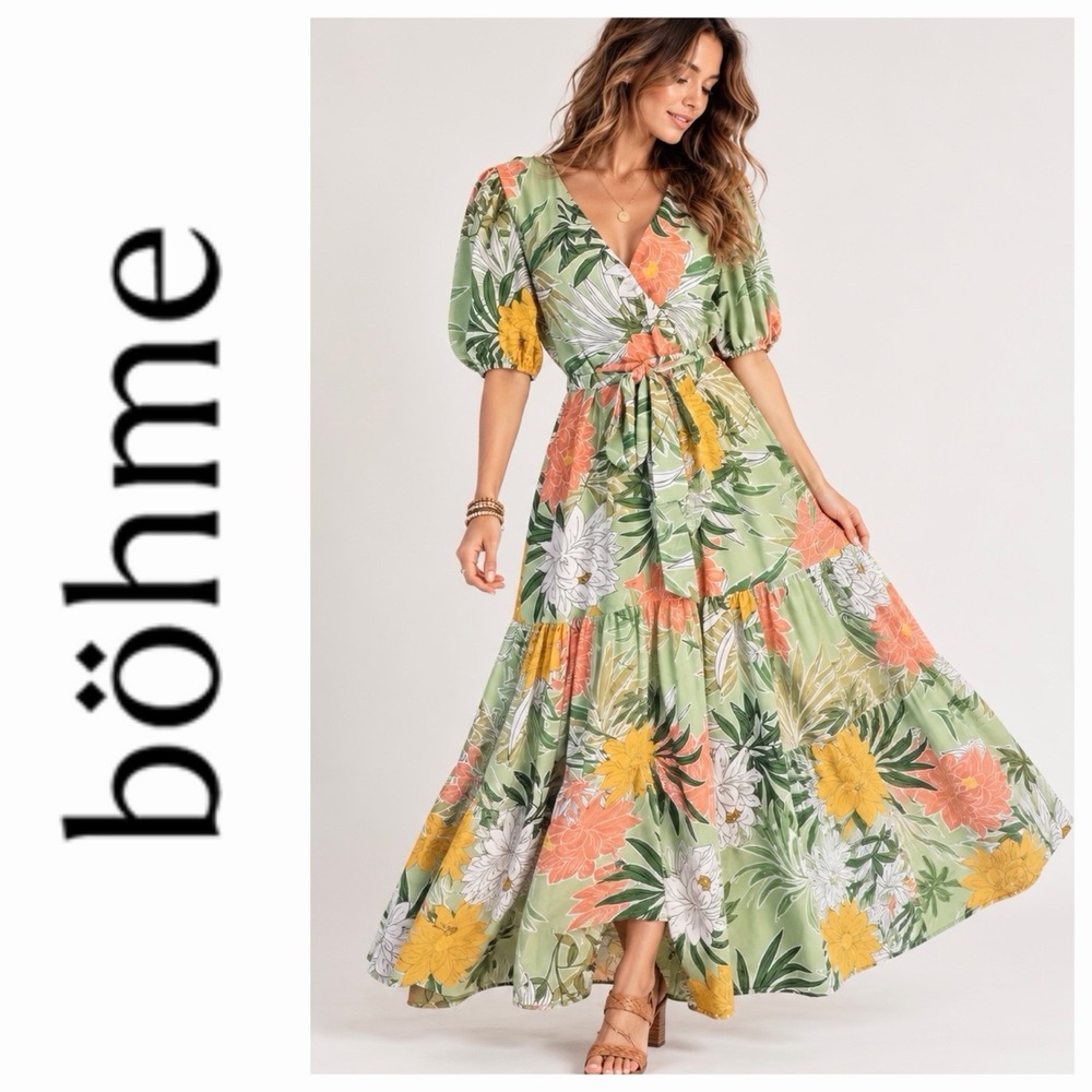 Böhme Tropical Floral Botanical Maxi Dress Sz L Tiered Resortwear Island Vacay